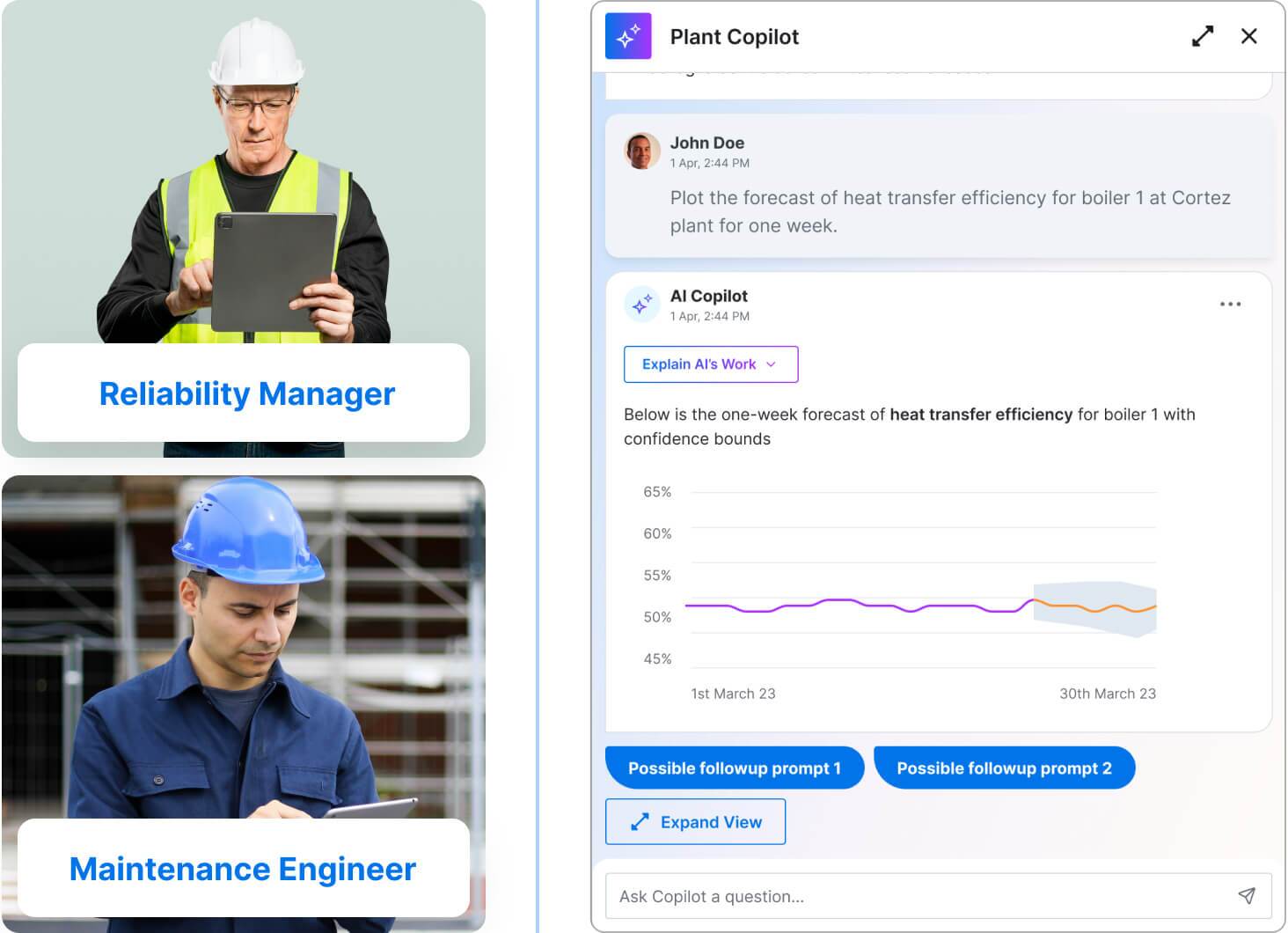 Collage of industrial workplace roles: a reliability manager using a tablet, and a maintenance engineer consulting a digital device.