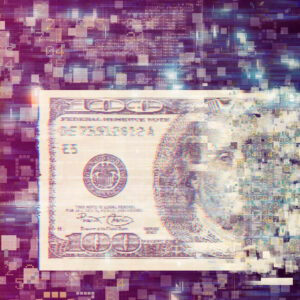 Money Transfer Pixelated dollar currency on technology background