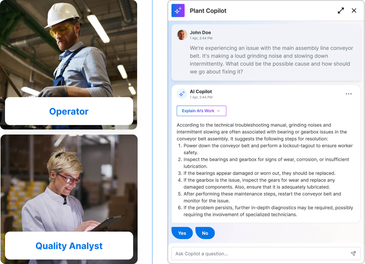 Collage of industrial workplace scenes: an operator in a hard hat using a tablet, and a quality analyst reviewing documents.