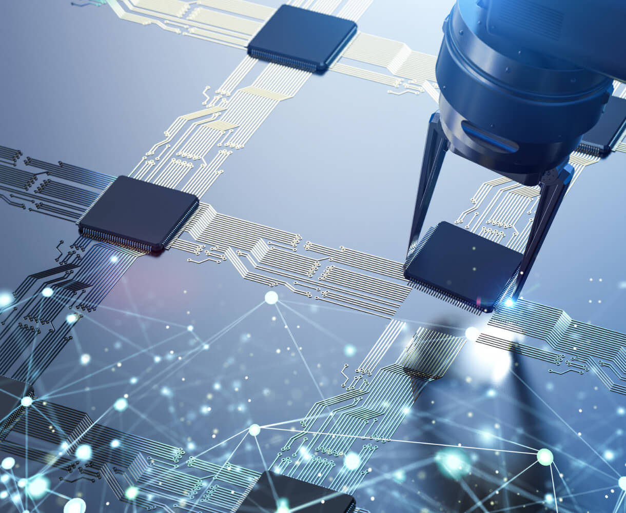 A high-tech illustration of microchip production involving advanced robotics and light connectivity.